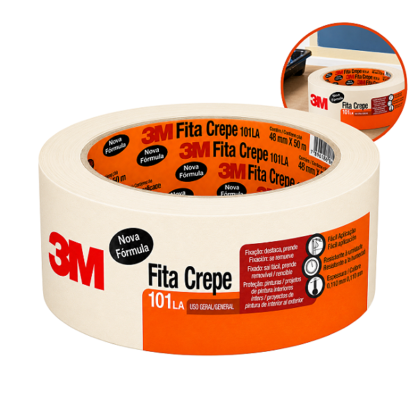 Fita Crepe 3M 101LA 48mm x 50m Alta Adesão Uso Profissional e Residencial