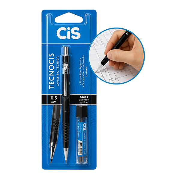 Lapiseira Técnica 0.5 C-205 Tecnocis Preta + Grafite Grátis - CiS