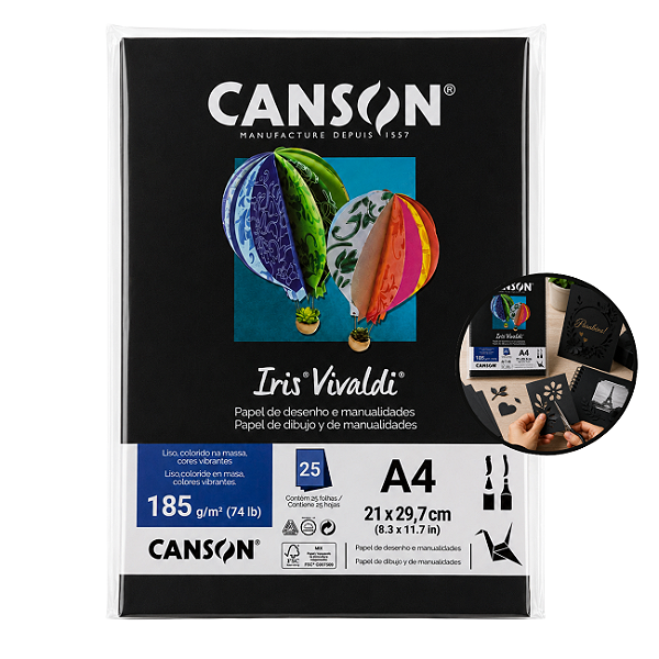 Papel Canson Iris Vivaldi Preto A4 185g/m² 25 Folhas para Artesanato e Impressões