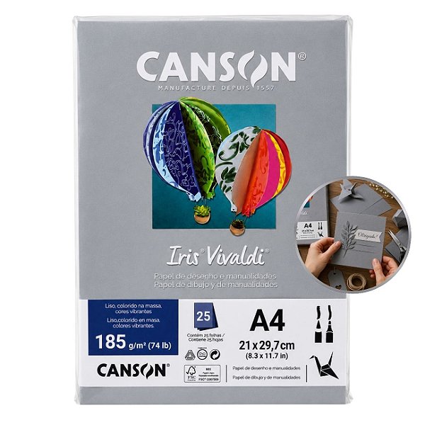 Papel Canson Iris Vivaldi Cinza A4 185g/m² 25 Folhas para Artesanato e Impressões