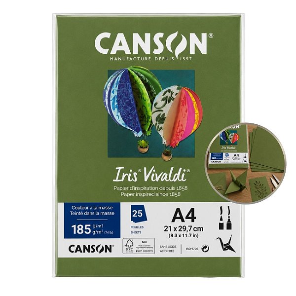 Papel Canson Iris Vivaldi Verde Safari A4 185g/m² 25 Folhas para Artesanato e Impressões