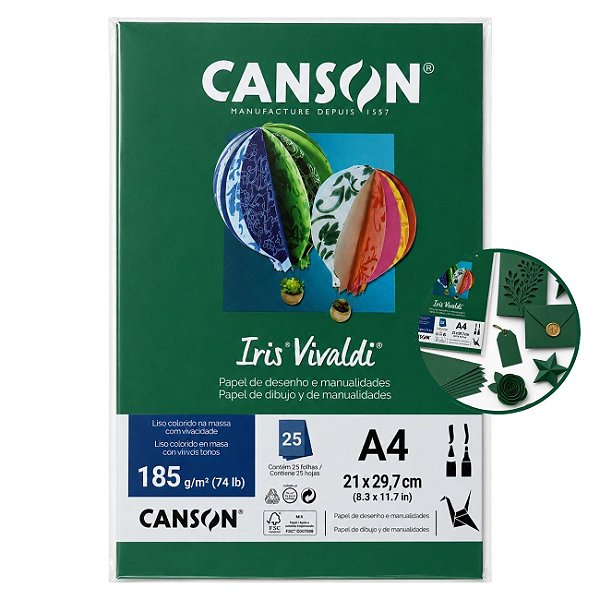 Papel Canson Iris Vivaldi Verde Escuro A4 185g/m² 25 Folhas para Artesanato e Impressões