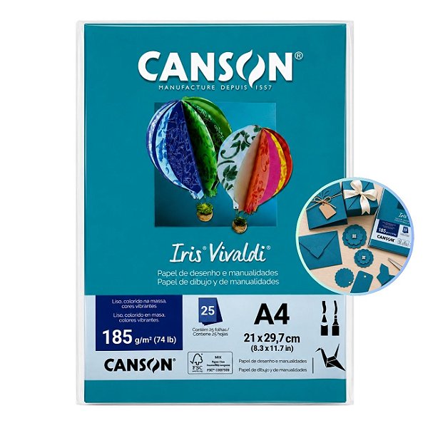 Papel Canson Iris Vivaldi Mar Caribe A4 185g/m² 25 Folhas para Artesanato e Impressões