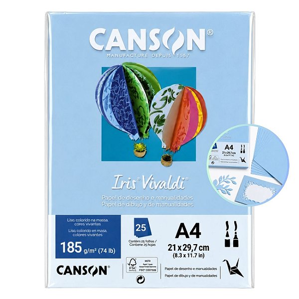 Papel Canson Iris Vivaldi Azul Claro A4 185g/m² 25 Folhas para Artesanato e Impressões