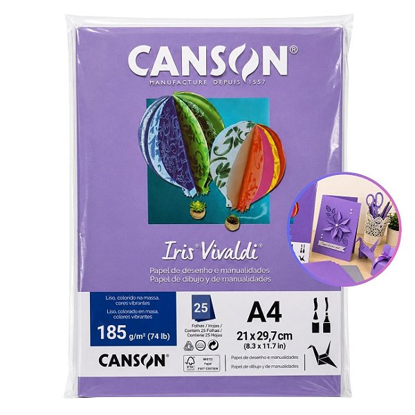 Papel Canson Iris Vivaldi Violeta A4 185g/m² 25 Folhas para Artesanato e Impressões