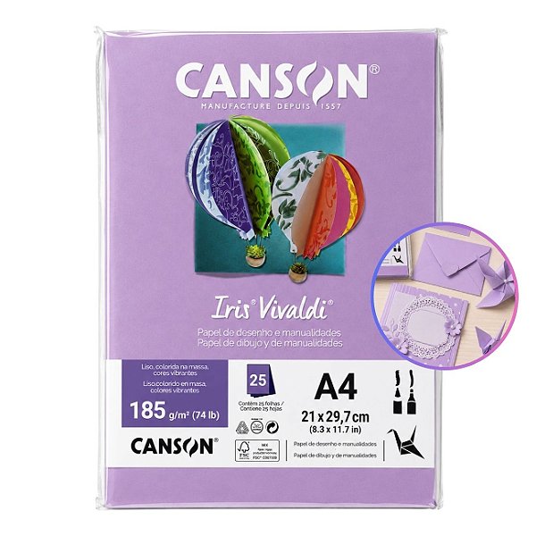 Papel Canson Iris Vivaldi Lilás A4 185g/m² 25 Folhas para Artesanato e Impressões