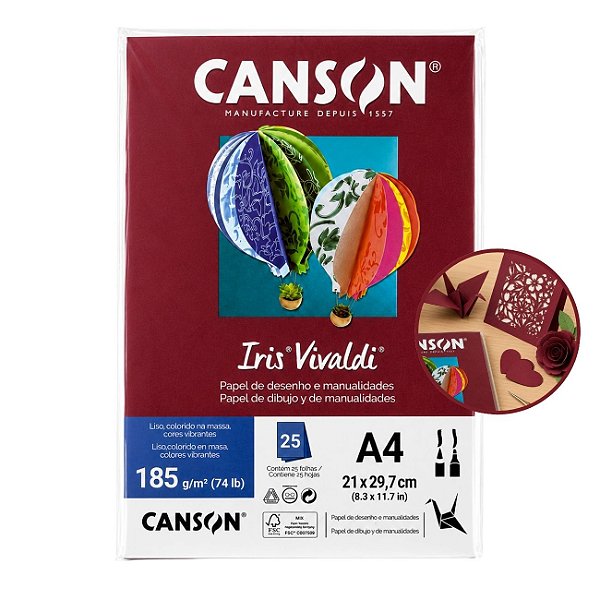 Papel Canson Iris Vivaldi Grená A4 185g/m² 25 Folhas para Artesanato e Impressões