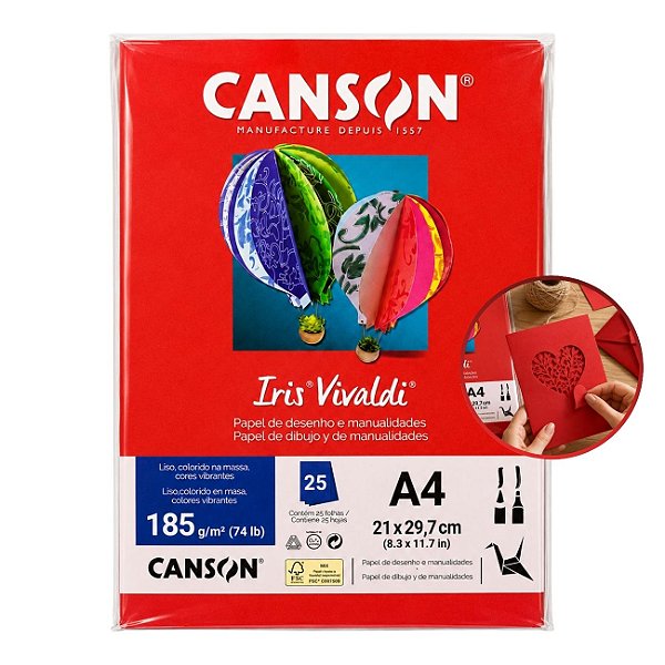 Papel Canson Iris Vivaldi Vermelho A4 185g/m² 25 Folhas para Artesanato e Impressões