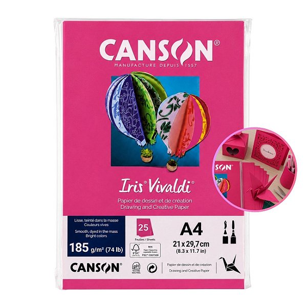 Papel Canson Iris Vivaldi Rosa Escuro A4 185g/m² 25 Folhas para Artesanato e Impressões
