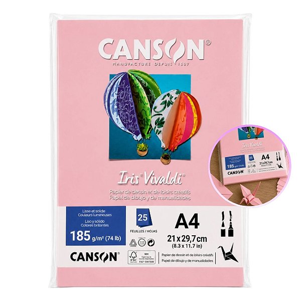 Papel Canson Iris Vivaldi Rosa Claro A4 185g/m² 25 Folhas para Artesanato e Impressões