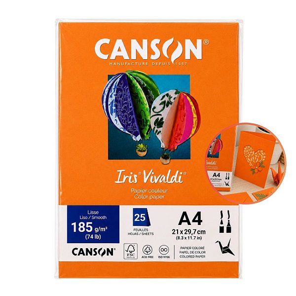 Papel Canson Iris Vivaldi Laranja A4 185g/m² 25 Folhas para Artesanato e Impressões