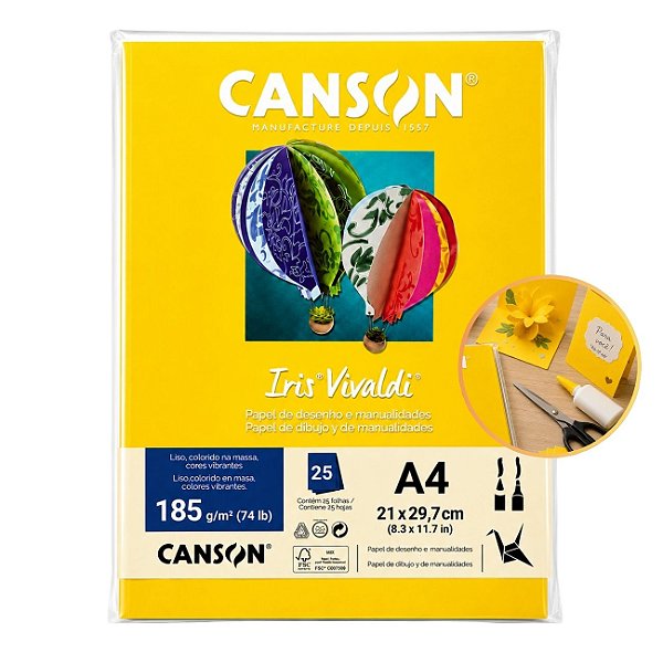 Papel Canson Iris Vivaldi Amarelo Canário A4 185g/m² 25 Folhas para Artesanato e Impressões