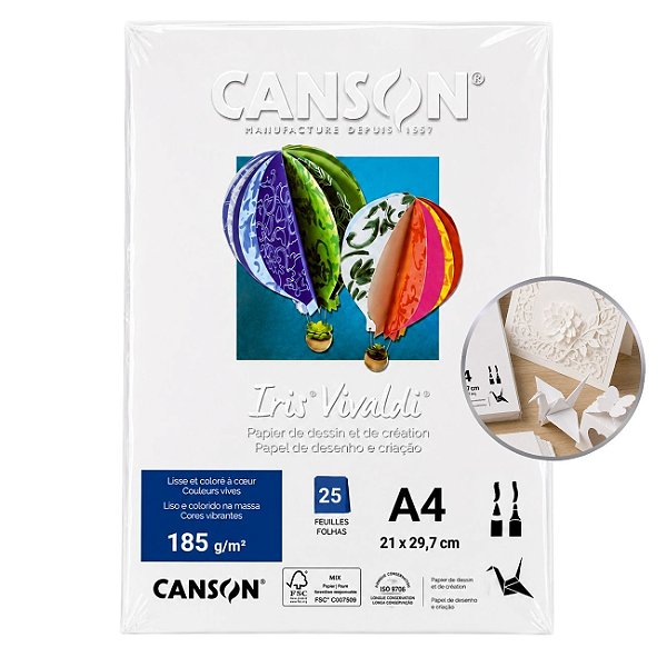 Papel Canson Iris Vivaldi Branco A4 185g/m² 25 Folhas para Artesanato e Impressões