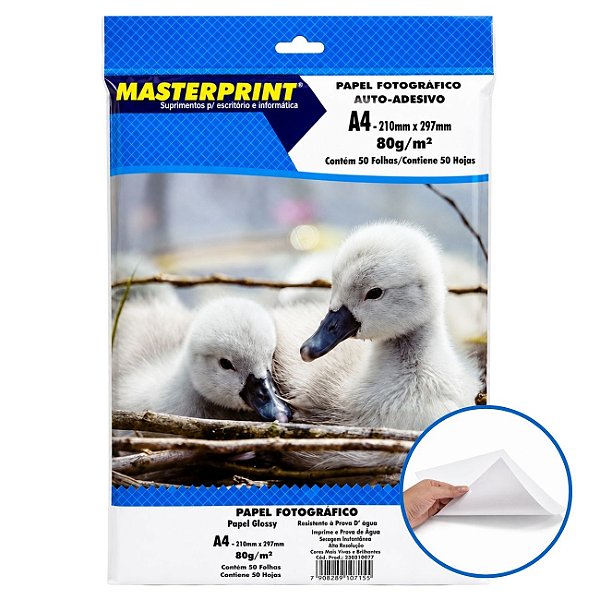 Papel Fotográfico Glossy Adesivo A4 80g 50 Folhas Secagem Rápida à prova d’água Masterprint