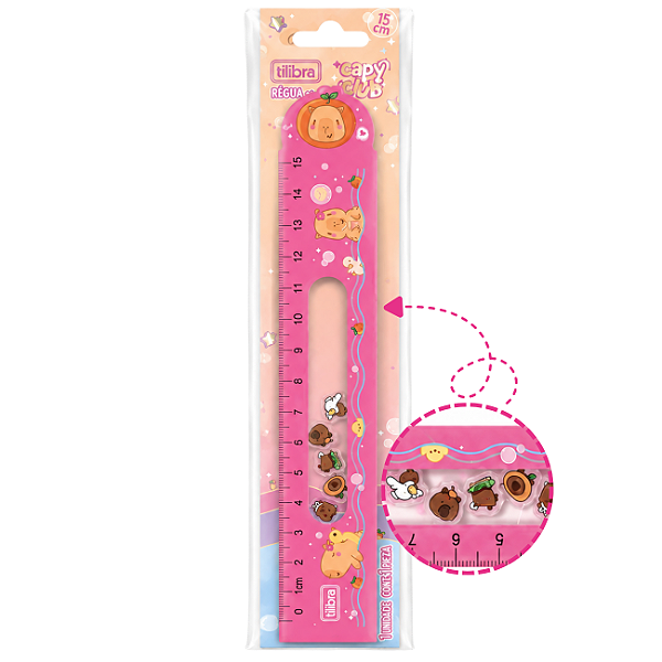Régua Escolar 15cm Capivara Capyclub Decorada com Minicapivaras Móveis Tilibra