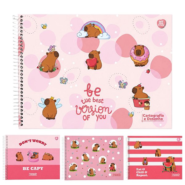 Caderno de Desenho e Cartografia 60 Folhas Capa Dura Capivara Capycutie 2027 com Adesivos Animativa