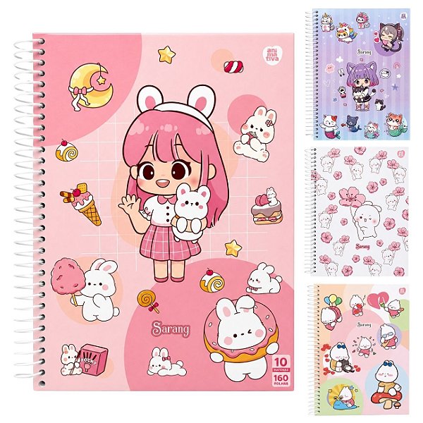 Caderno Universitário Sarang 10 Matérias 160 Folhas Capa Dura com Adesivos Estilo Kawaii Animativa