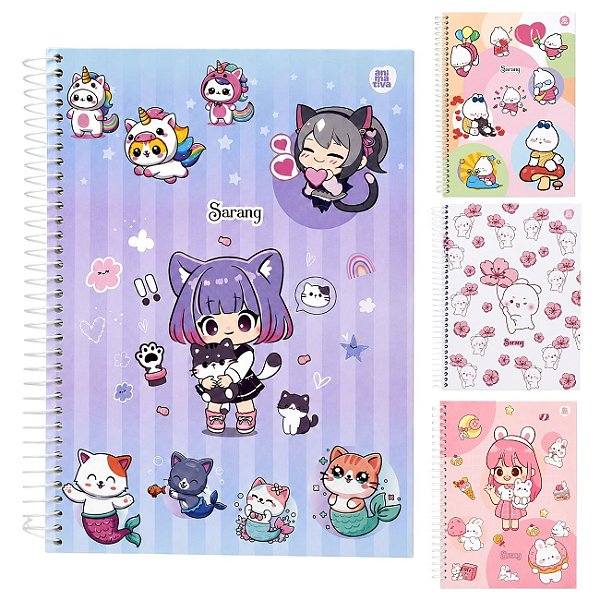 Caderno Universitário Sarang 1 Matéria 80 Folhas Capa Dura com Adesivos Estilo Kawaii Animativa