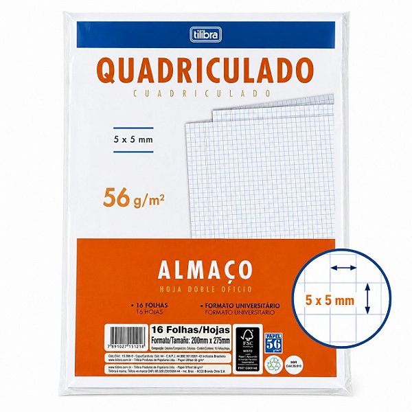 Papel Almaço Quadriculado 5x5mm 16 Folhas 200x275mm 56g/m² Tilibra