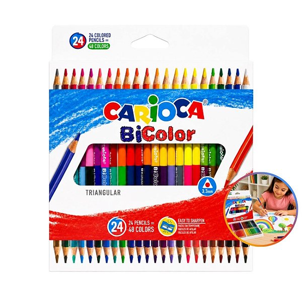 Lápis de Cor Bicolor Triangular 24 Lápis 48 Cores Escolar Carioca