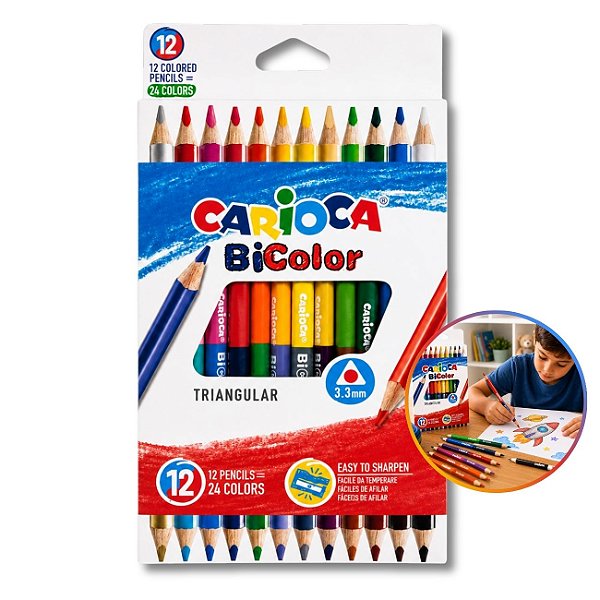 Lápis de Cor Bicolor Triangular 12 Lápis 24 Cores Escolar Carioca