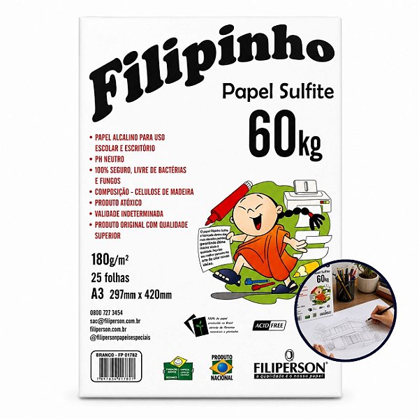 Papel Sulfite A3 180g 60kg Filipinho Branco 25 Folhas Filiperson