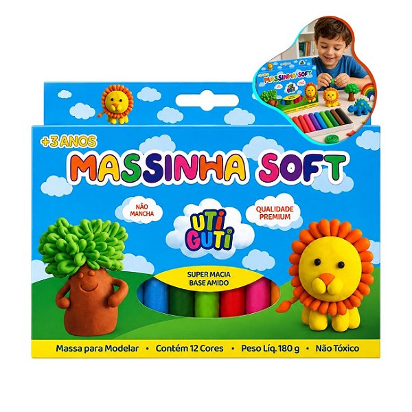 Massinha de Modelar 12 Cores 180g Soft Base Amido Não Tóxica Escolar Utiguti