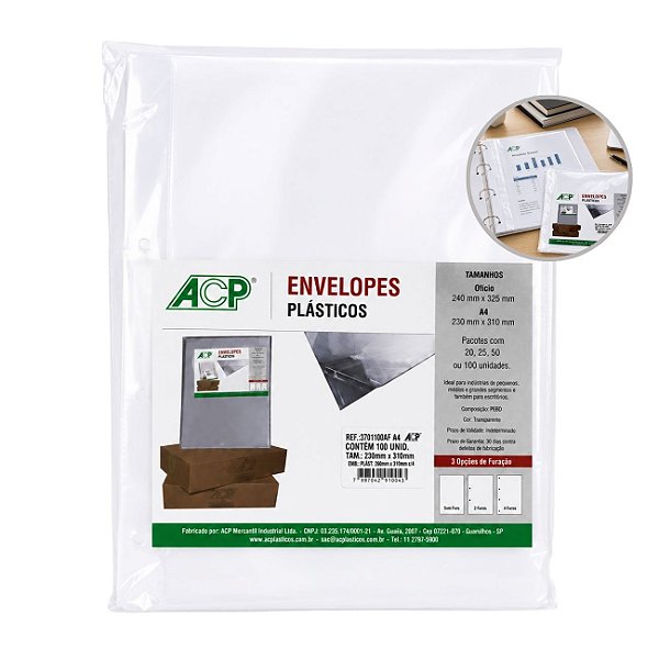 Envelope Plástico Ofício 4 Furos Médio 0,10 pacote 100un - ACP