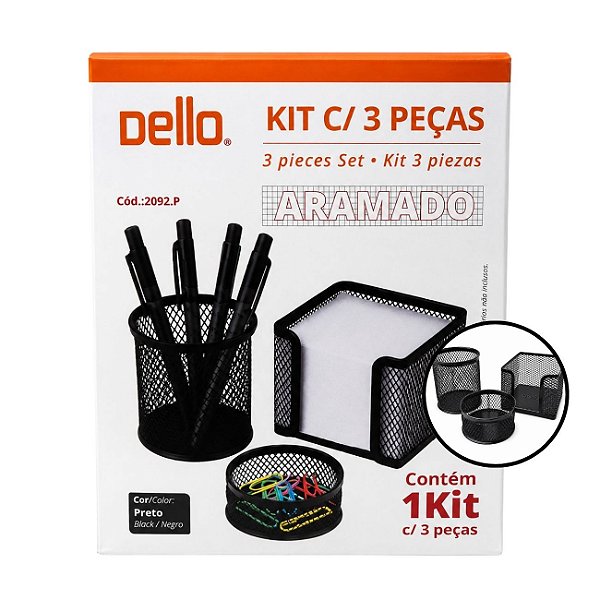 Kit Porta Objetos Dello Aramado Preto 3 Peças para Organização de Escritório