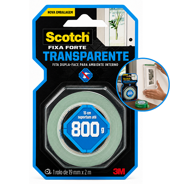Fita Dupla Face 3M Scotch Fixa Forte Transparente 19mm x 2m Alta Fixação VHB