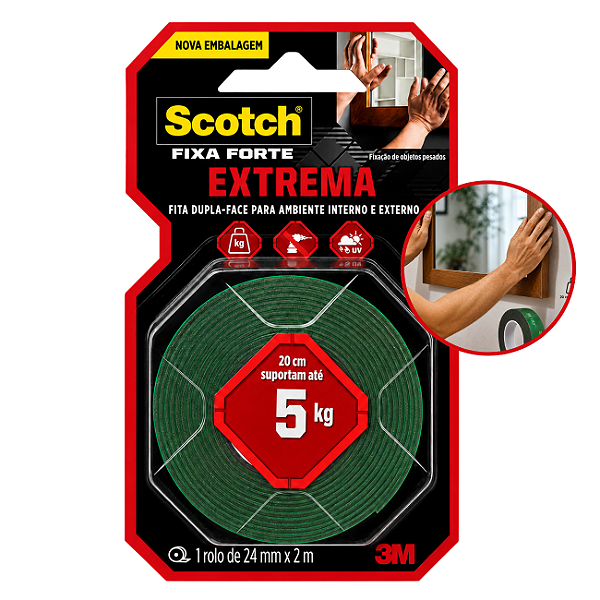 Fita Dupla Face 3M Scotch Fixa Forte Extrema 24mm x 2m Alta Fixação Interno e Externo