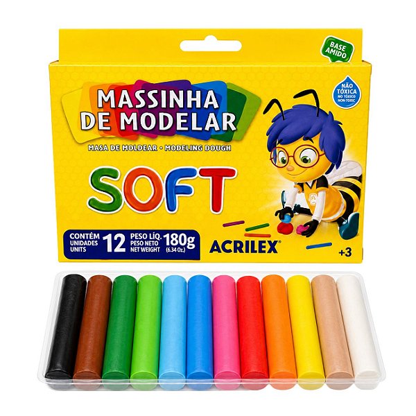 Massa de Modelar 12 Cores 180g Soft Acrilex Base Amido Não Tóxica