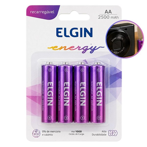 Pilha Recarregável AA 2500mAh Elgin com 4 Unidades Alta Durabilidade