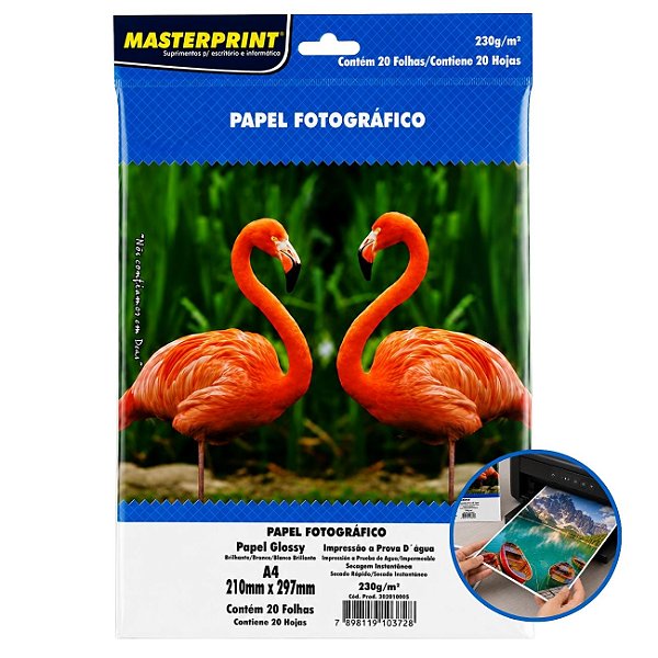 Papel Fotográfico Glossy A4 230g Masterprint 20 Folhas Alta Definição Secagem Rápida