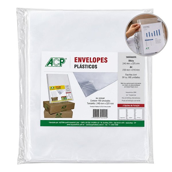 Envelope Plástico Ofício 4 Furos Grosso 0,15 pacote 100un - ACP