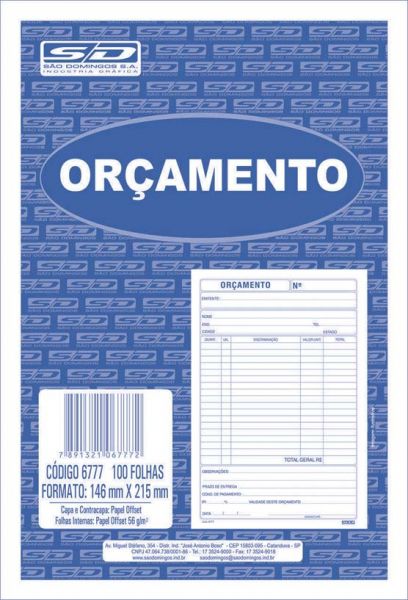 Bloco para Orçamento 137x207mm 1/18 Cód. 6777 100fls - São Domingos