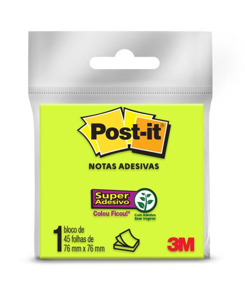Bloco Autoadesivo 76x76mm c/ 45fls Neon Verde Post-It - 3M