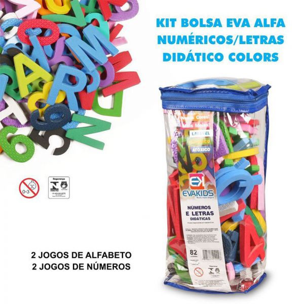 Brinquedo EVA Letras e Números Bolsa 82pcs 8cm - EVAKIDS