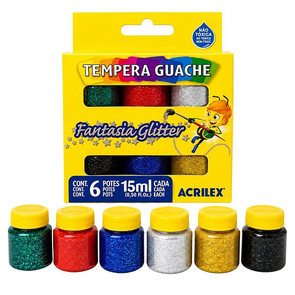 Tinta Guache Glitter Tempera 6 Cores 15ml Abelhinhas - Acrilex