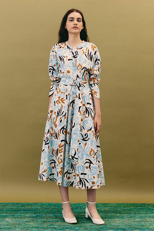vestido midi manga comprida com cinto jardim modernista