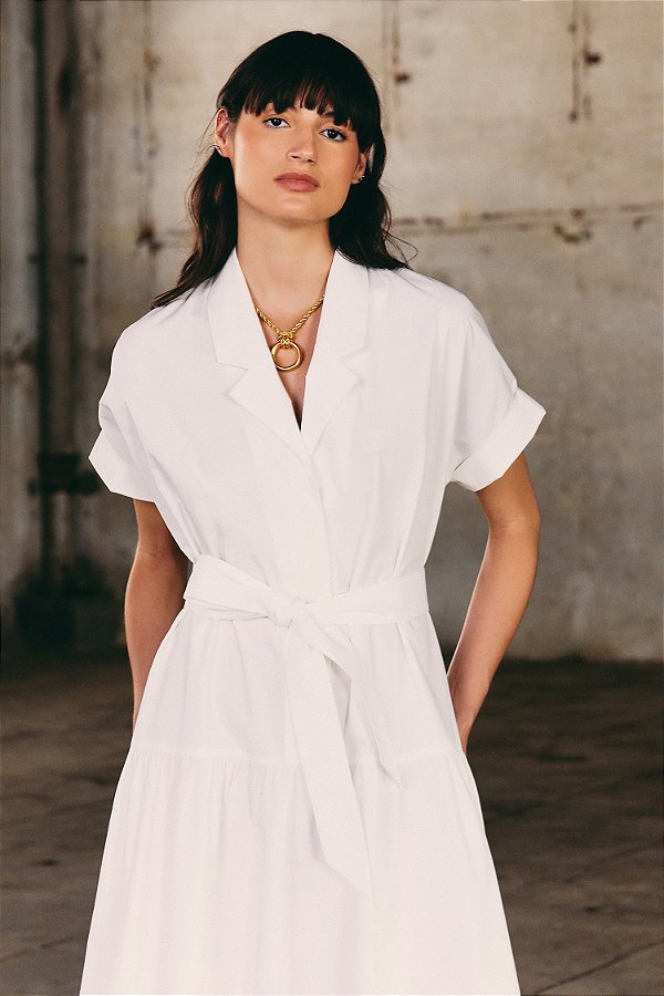 vestido midi de algodão com gola cubana branco