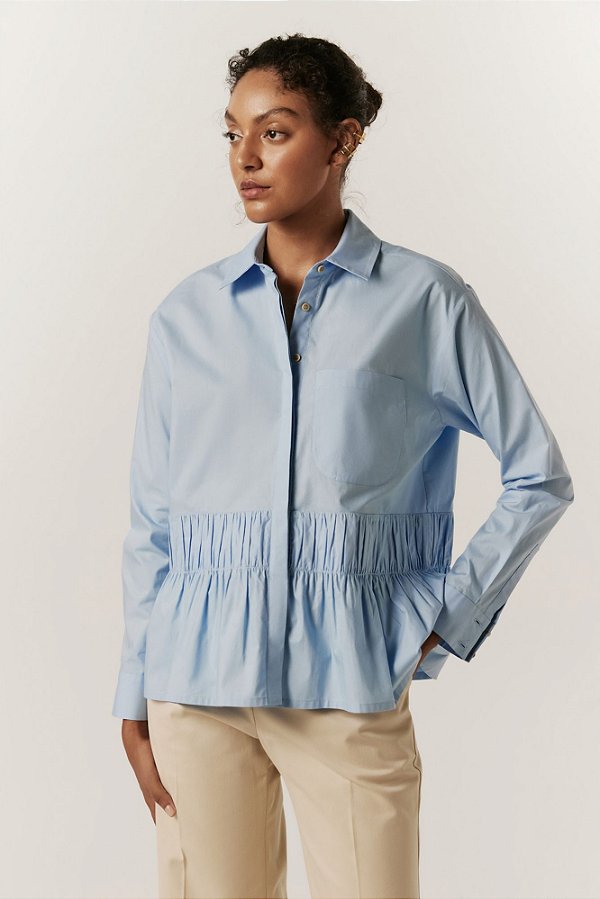 camisa de algodão manga longa franzido cintura azul claro