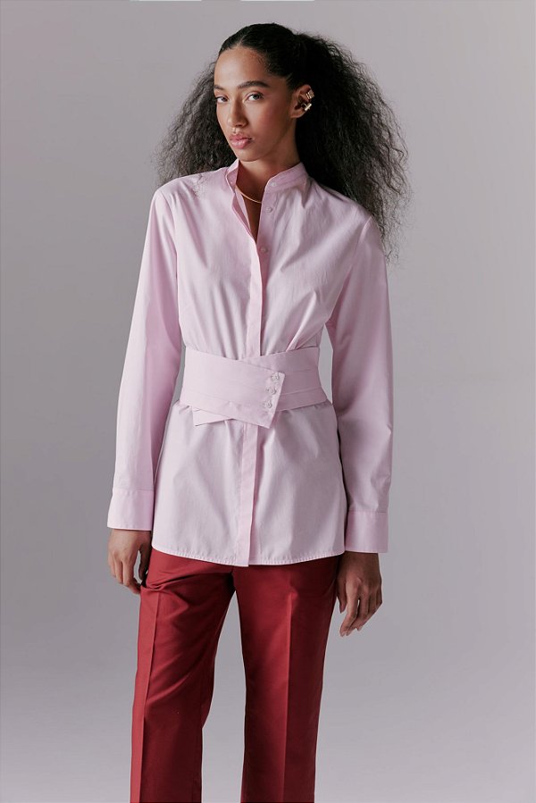 camisa de algodão manga longa com obi rosa claro