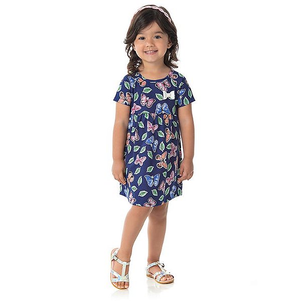Vestido em meia malha cor marinho com laço estampa de borboletas