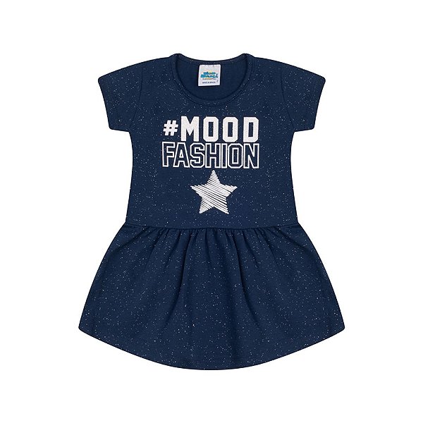 Vestido em cotton cor marinho com brilho e estampa com glitter