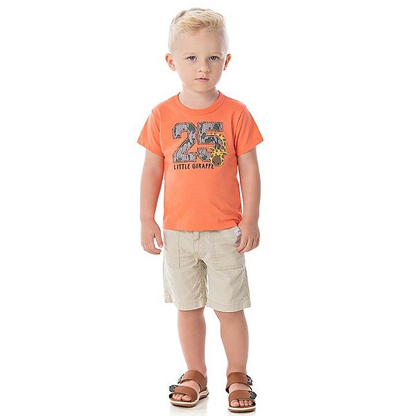 Camisa em meia malha cor tangerine com puff na estampa de girafa