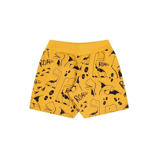 Bermuda de moletinho cor amarelo pastel com estampa dino