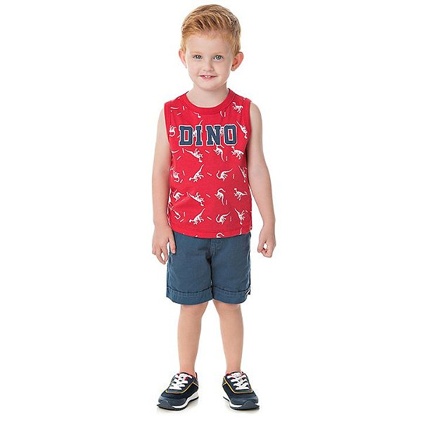 Regata me meia malha cor vermelho com puff na estampa dino