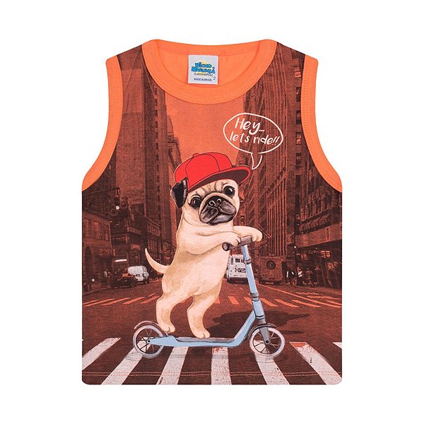 Regata em meia malha cor tangerine com puff na estampa de cachorro