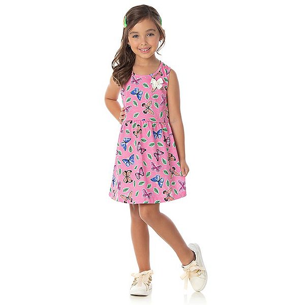 Vestido meia malha cor babaloo estampa de borboletas e com laço